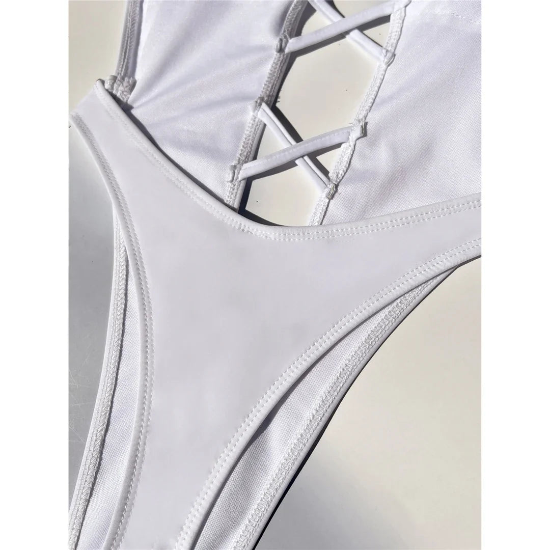 S - XL Deep V Neck Mini Thong Cross Back Women Swimwear One Piece Swimsuit Female High Leg Cut Bather Bathing Suit Swim V5462