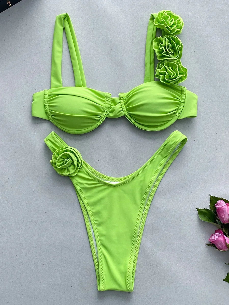 3D Flowers Underwired Brazilian Bikini Women Thong Swimwear Female Swimsuit Two-pieces Bikini Set Push Up Bathing Suit Swim