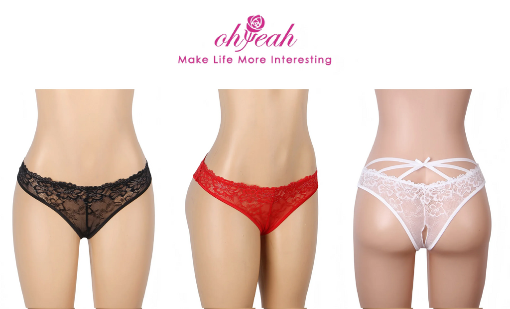 Pink Rose Lace Cross Strap Open Crotch Panty for Women Plus Size Sheer Thong Underwear