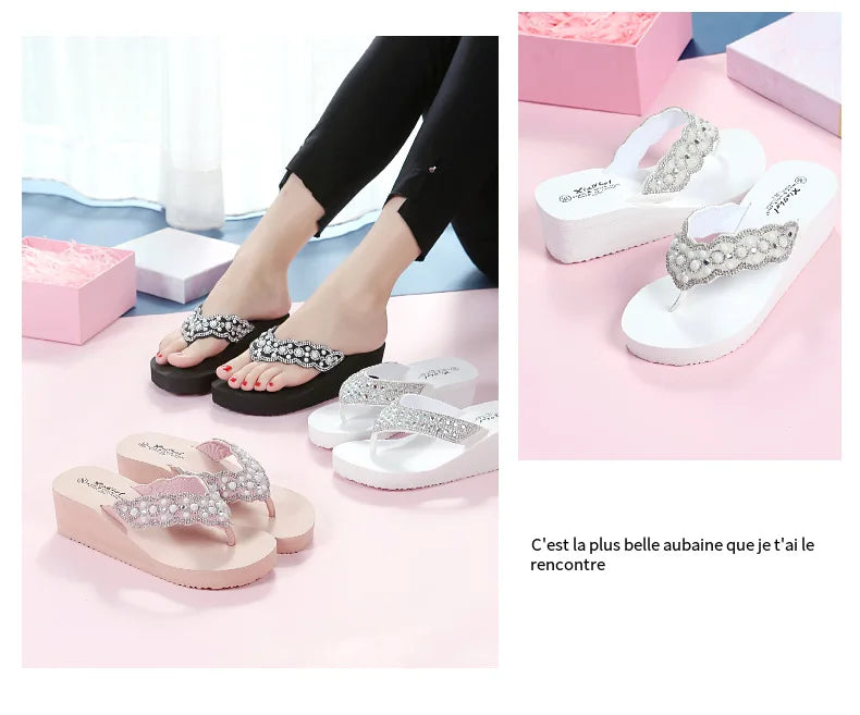 2025 Women Beach Flip Flops Summer Wedges Shoes Bling Rhinestone Soft EVA Girls Home Street Slippers Mid-heel Fashion Sandals