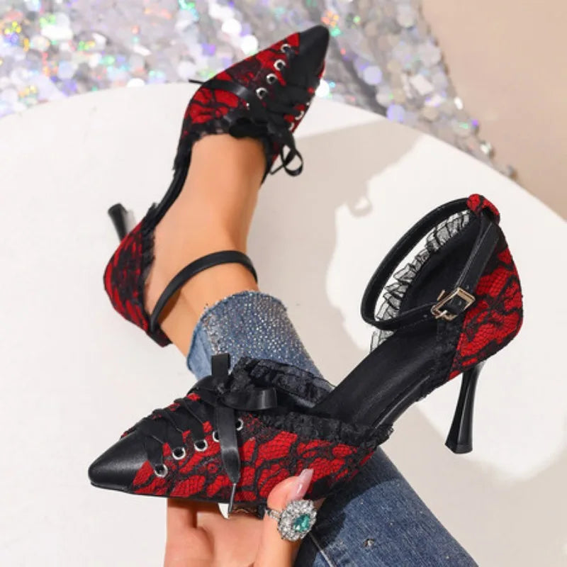 Spring Women's Sandals Pointed Toe Thin Heels 8cm Ankle Buckle Strap French Lace Up Ladies Pumps Dress Shoes Sandals New 2026