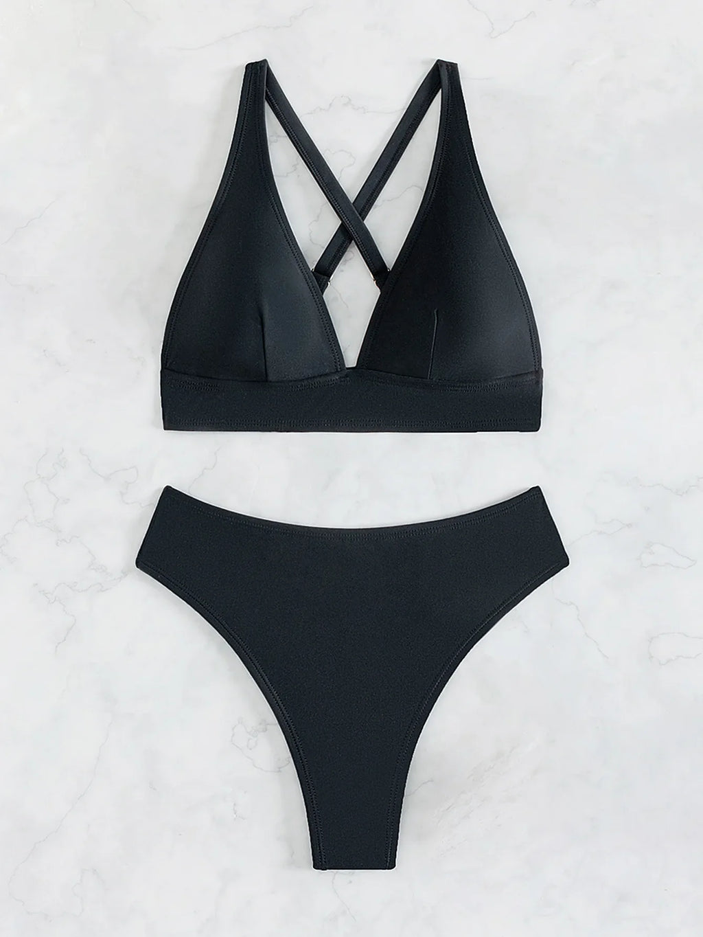 Solid Color Black Swimsuit for Women 2026 Summer High Waist 2-piece Bikini Set Beach Bathing Suit Bandage Vacation Swimwear