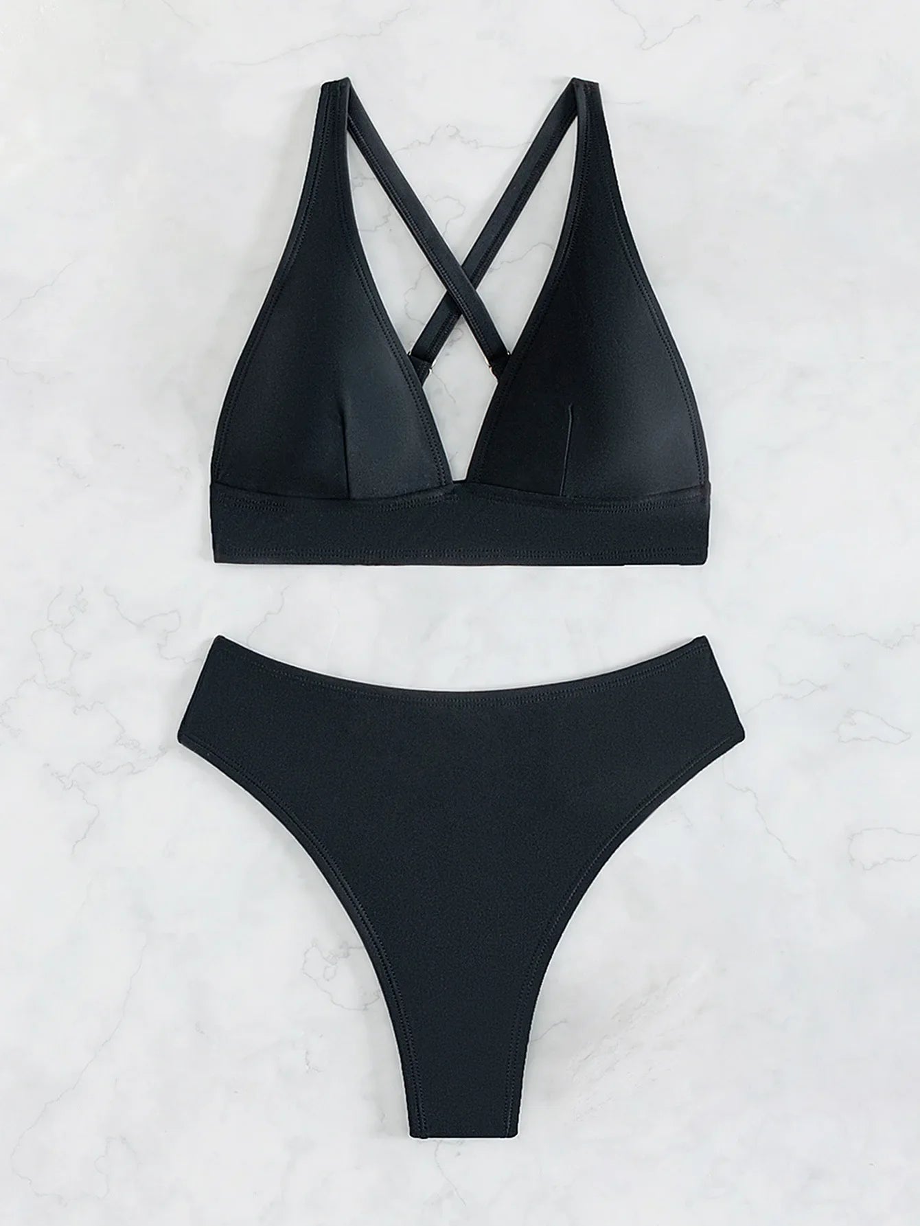 Solid Color Black Swimsuit for Women 2026 Summer High Waist 2-piece Bikini Set Beach Bathing Suit Bandage Vacation Swimwear