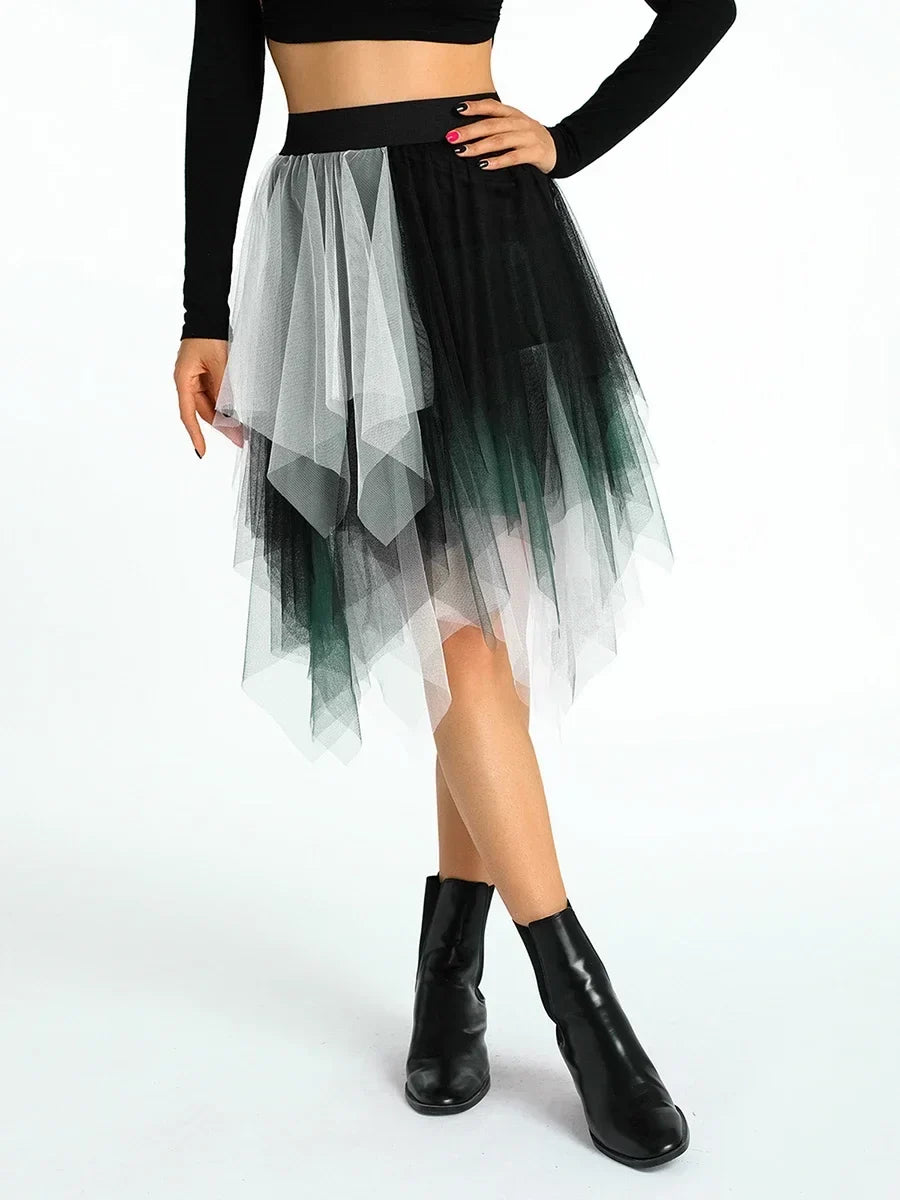 Women's Irregular Tulle Long Skirts Elastic High Waist Layered Mesh Tutu A-line Skirts Bohemian Korean Fashion Y2K Skirts