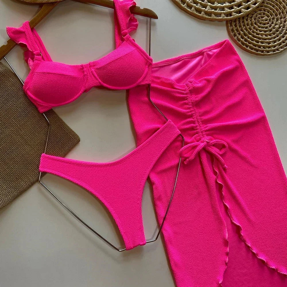 Micro 3 Pieces Bikini 2024 Sexy Ruffle Women Swimsuits Female Swimwear Bikini Set Brazilian Biquini Swimming Suit Beachwear