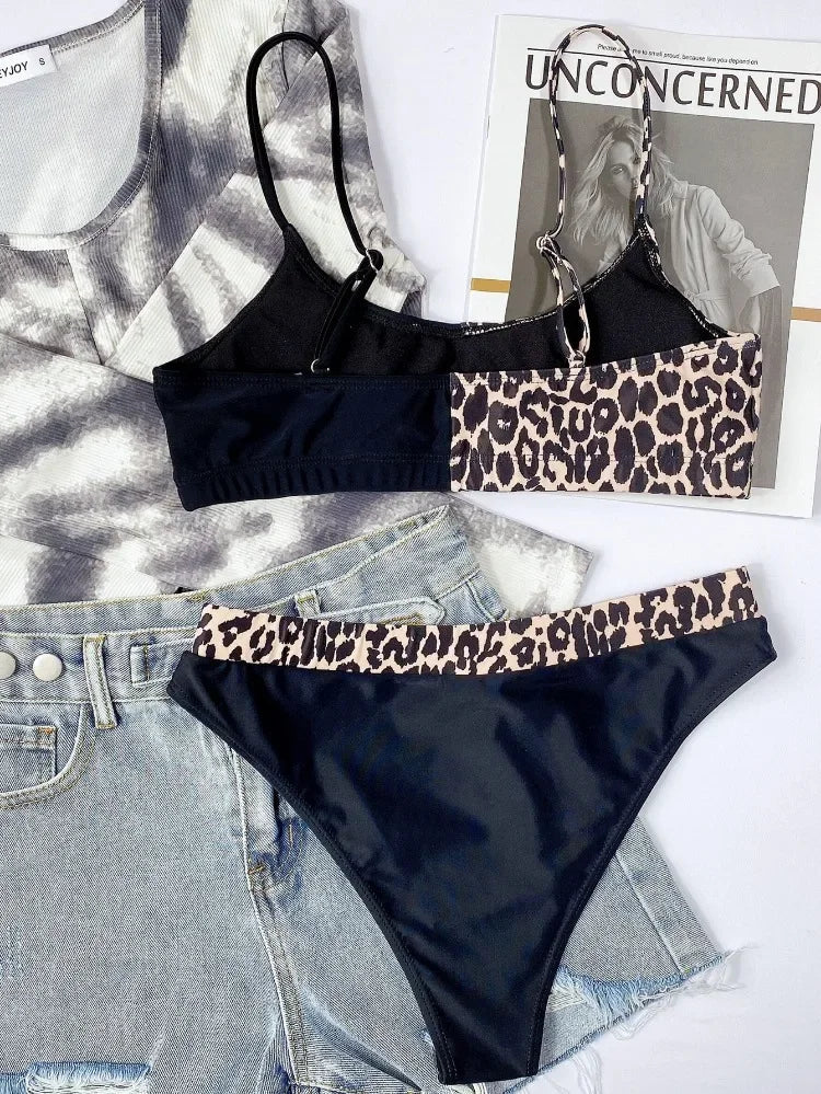2026 Sexy Bikini Women Swimwear Swimsuit Leopard Patchwork High Waist Bikinis Set Bathing Suit Beach Bikini Trajes De Bano Mujer