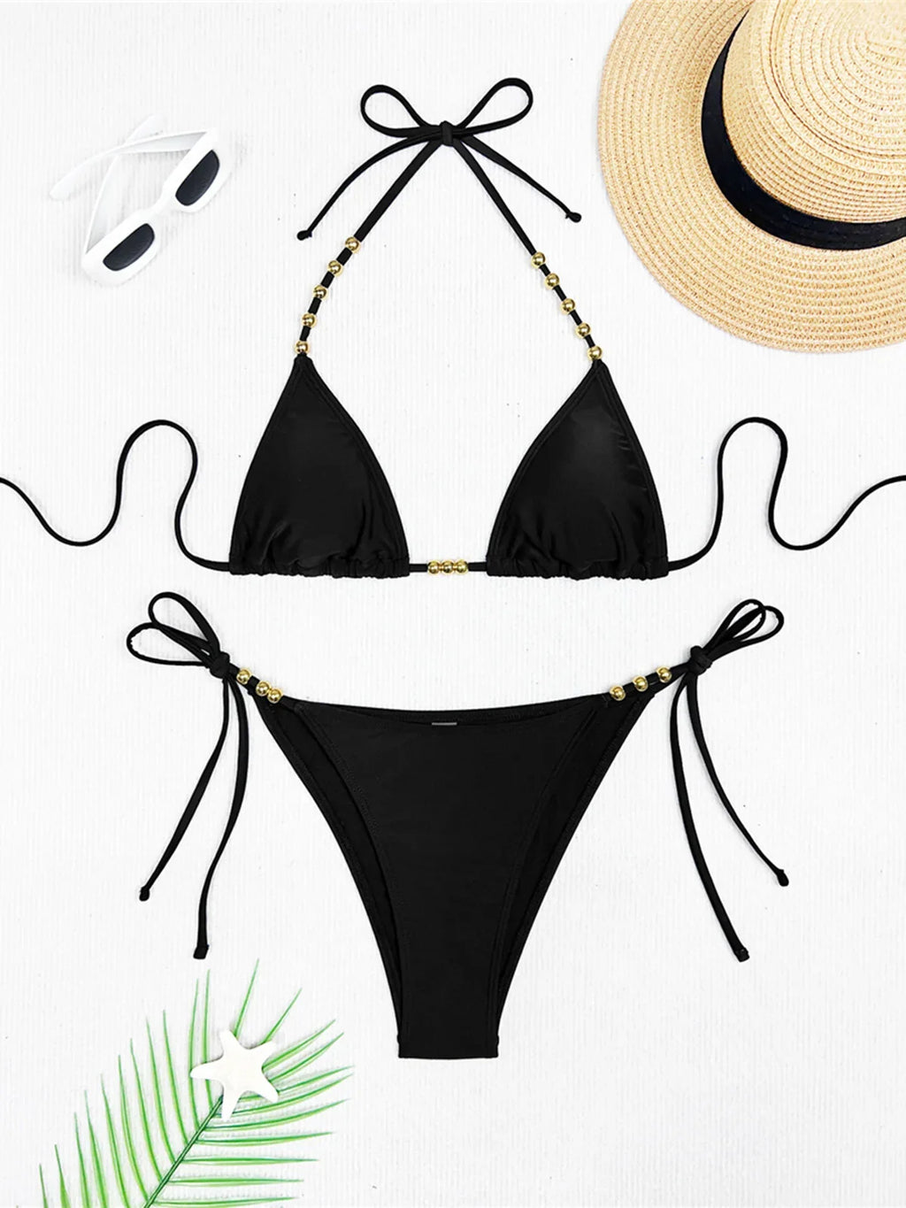 XS - L Halter Metal Bead Bikini Women Swimwear Female Swimsuit Two-Pieces Bikini Set High Leg Cut Bather Bathing Suit Swim V7618