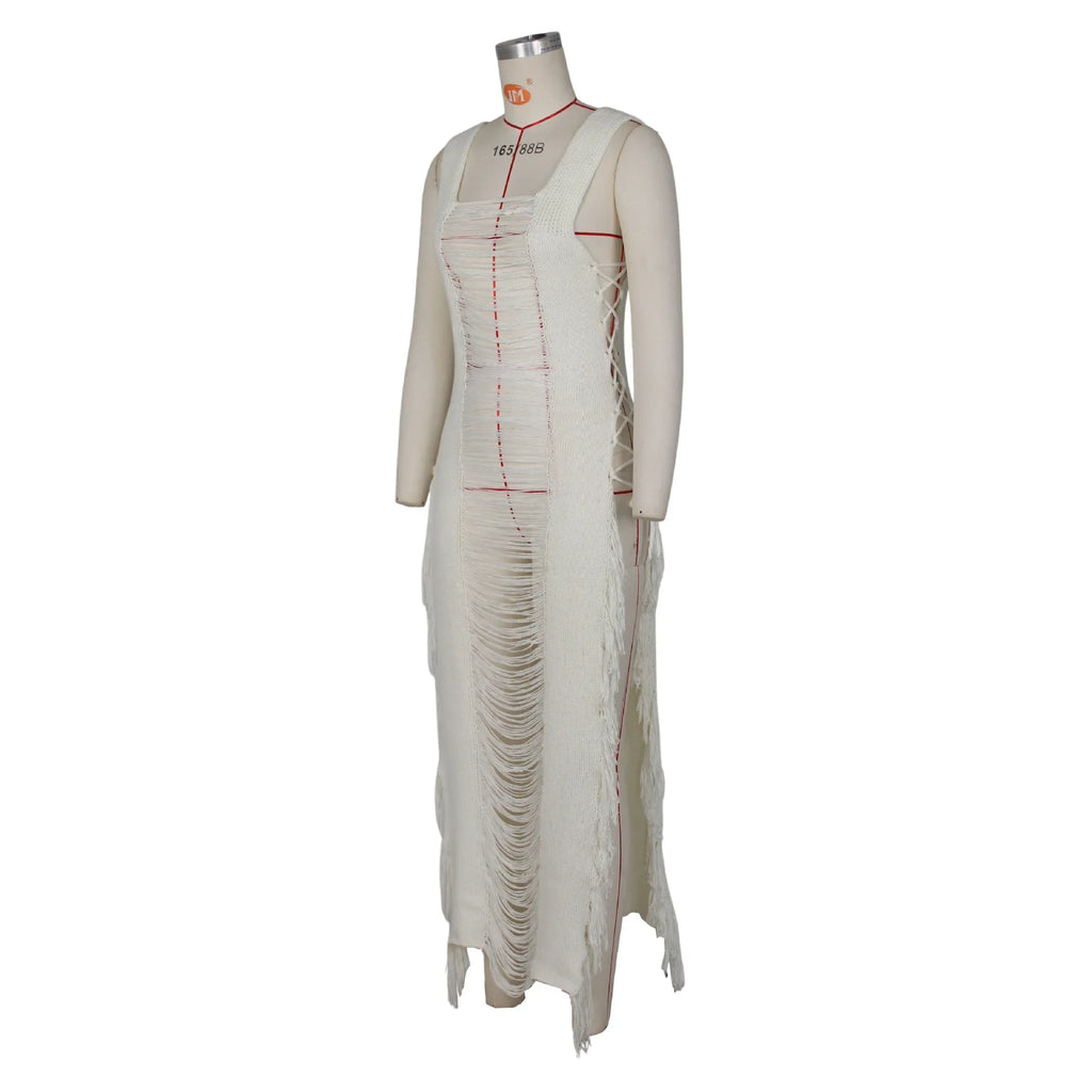 DEKA Women Knitted Tassel Beach Bikini Cover Up Backless Crochet Long Beach Dress Swimwear Side Split Hollow Out Sundress
