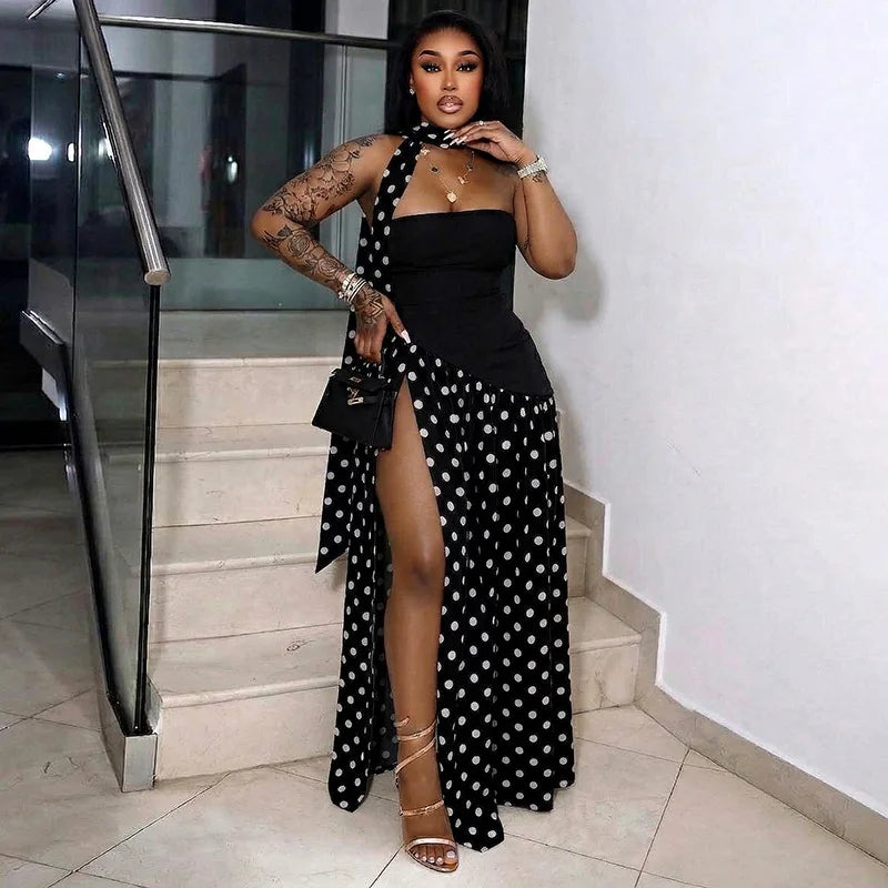FDYOUI Elegant Bandage Polka Dot Patchwork Evening Dresses Women's 2026 Summer Off Shoulder High Slit Pleated Long Party Dress