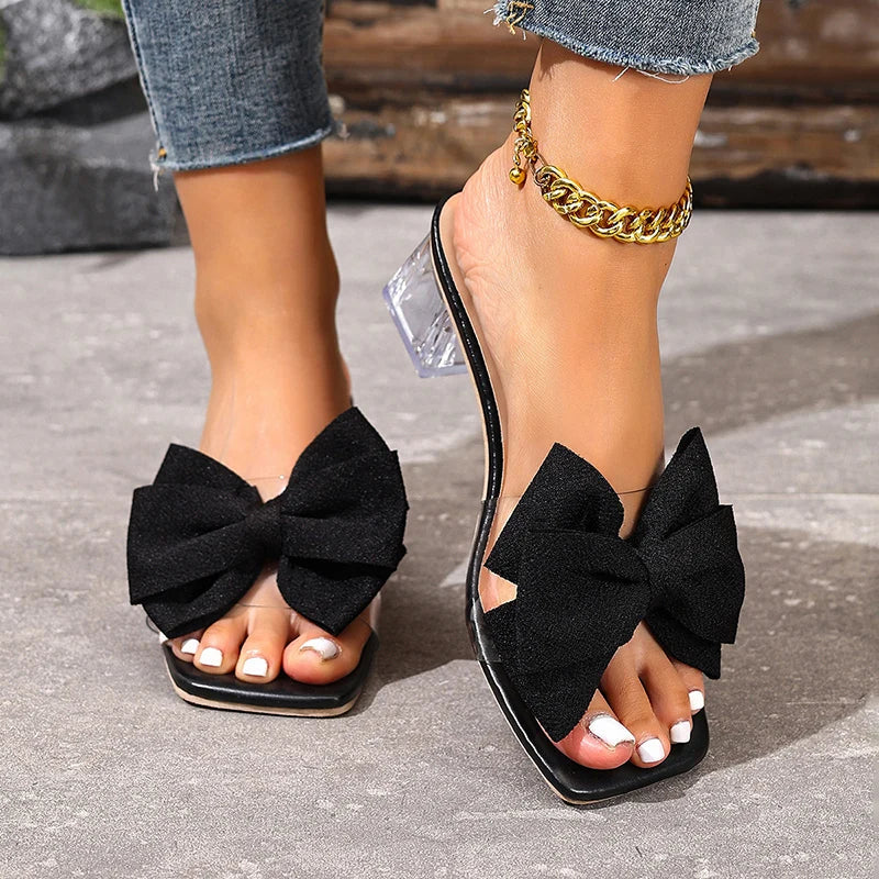 Fashion Bowknot Transparent High Heels Sandals Women Summer Plus Size 43 Thick Heel Slippers Woman Pvc Square Toe Party Shoes