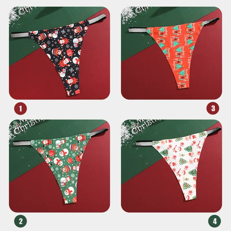4Pcs Christmas Print Underwear Breathable Shiny Belt Thong Women Skin-friendly Fashionable Casual Christmas Gifts