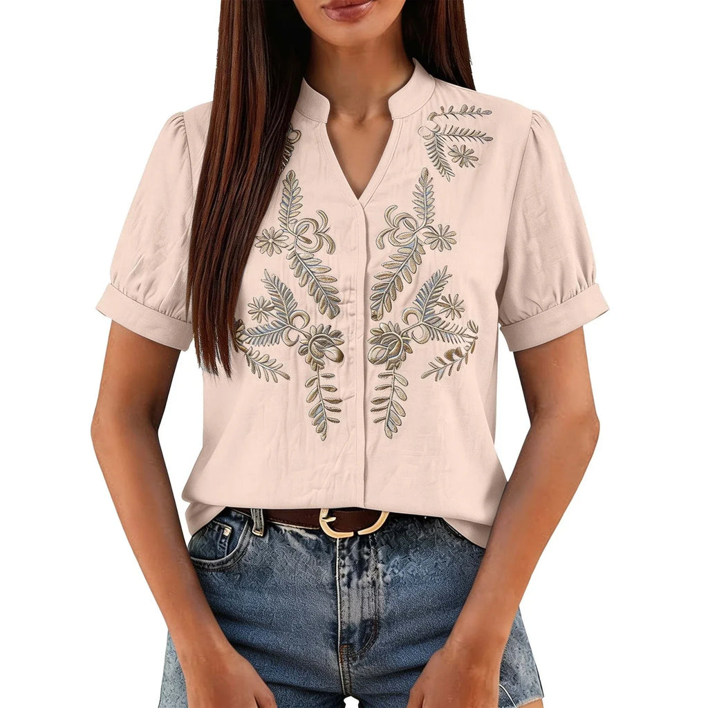 Women Floral Embroidery Puff Short Sleeve T Shirt Stand Collar V Neck Button Down Loose Solid Tees Summer Boho Casual Office Top