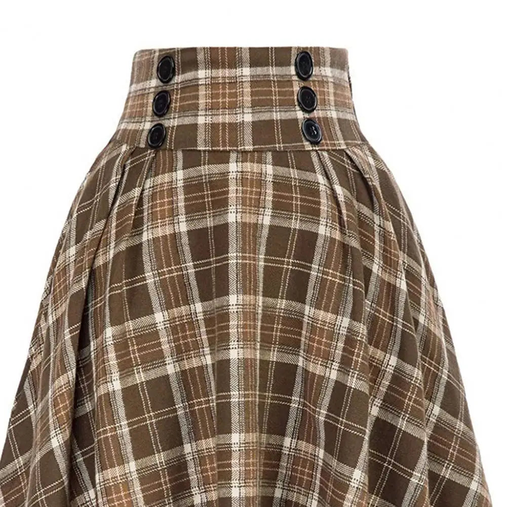 High Waist A-Line Skirt Women Midi Skirt Plaid Print Large Hem Design Autumn Winter Skirt Streetwear