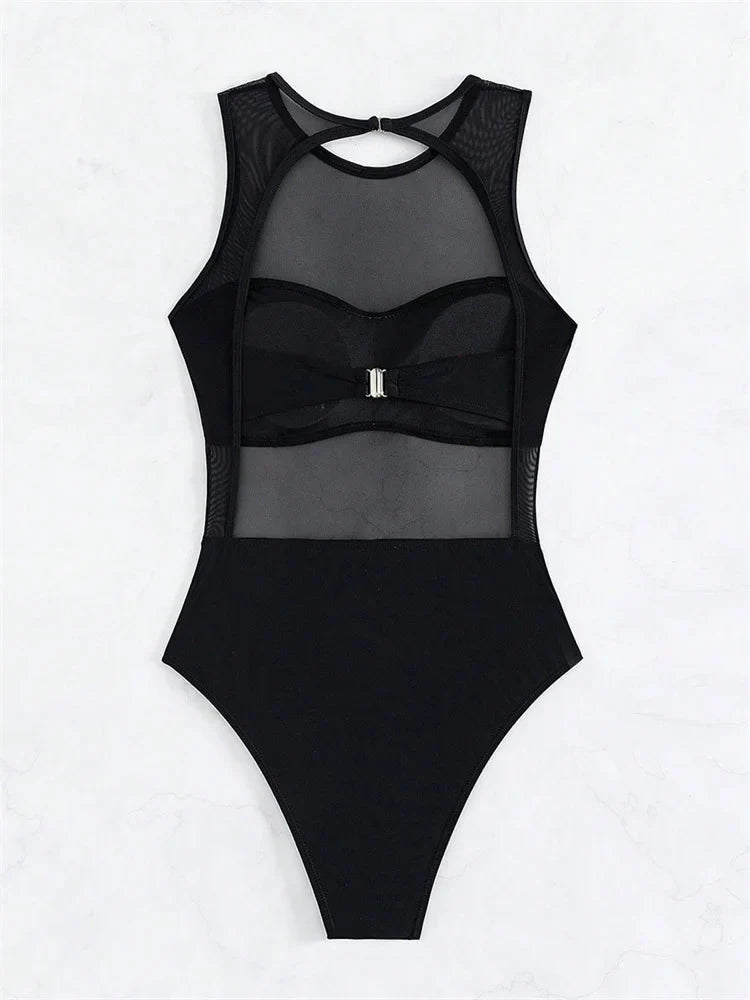 Sexy See Through One Piece Swimsuit 2025 Women Solid Black Mesh Transparent Hollow Out Backless Bathing Suit Swimwear Beachwear