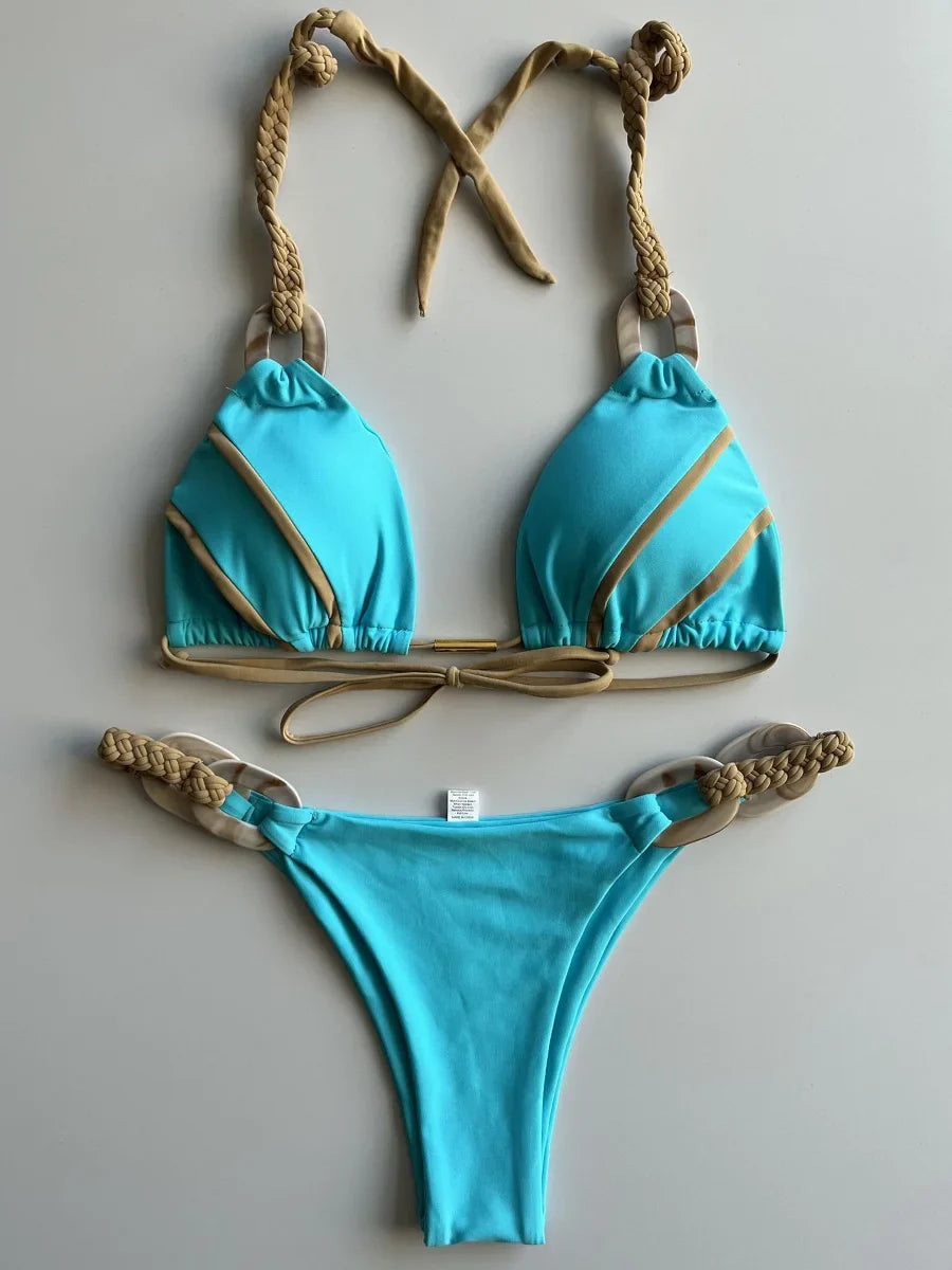 Splicing Halter Knitted Bikini Women Swimwear Female Swimsuit Two-pieces Bikini Set Brazilian Bather Bathing Suit Swim Beachwear