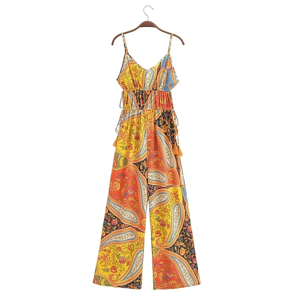 Paisley Print Bohemian Wide Leg Long Pants Jumpsuit Women Summer New Overalls Spaghetti Strap Loose Casual Boho Jumpsuit Tassel