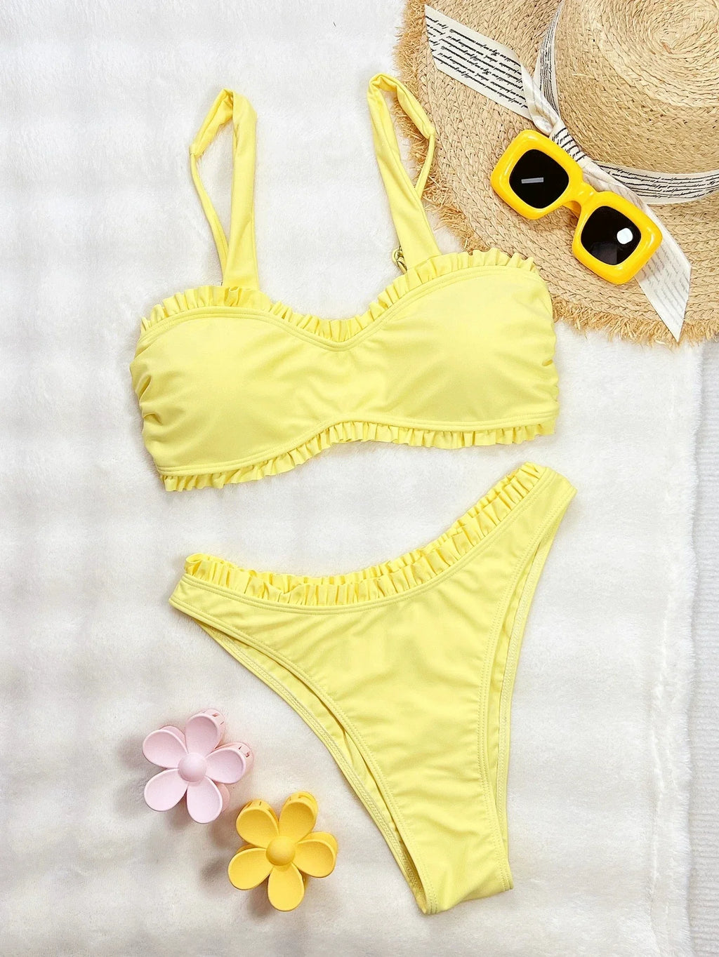 DEKA Ladies Yellow Bikini Set Bow Tie Sexy Swimsuit Tankini Fashion Ruffled Bikini Swimwear Women Swimming Suit Summer Beachwear