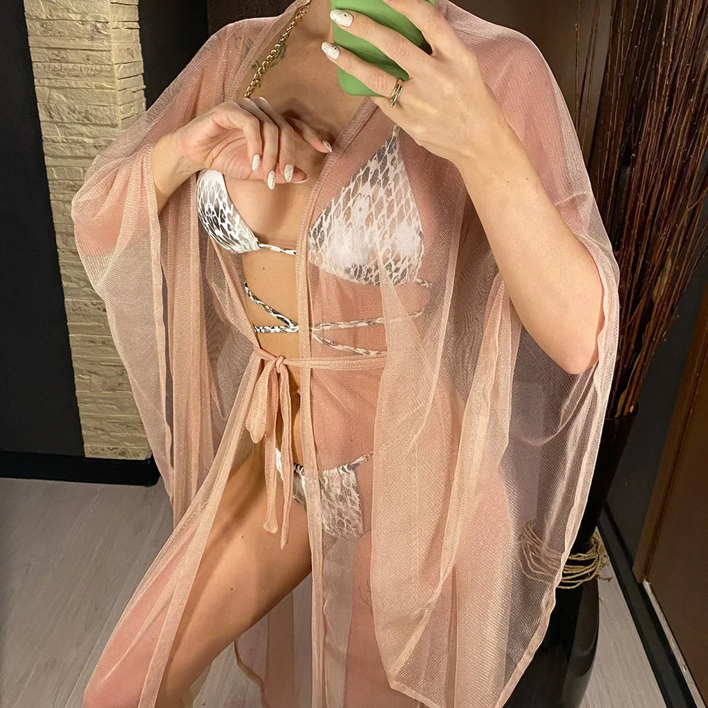 3 Colors Sexy Glitter Mesh Sheer See Through Tunic Beach Cover Up Cover-ups Beach Dress Beach Wear Beachwear Female Women V3217
