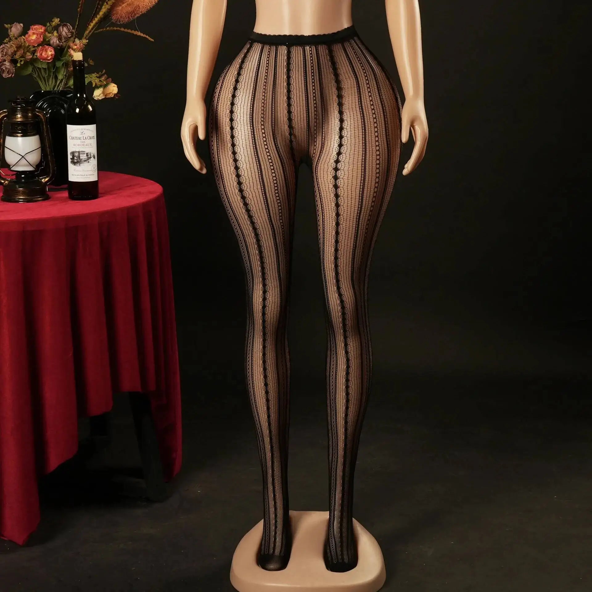 Knitted Seamless Fishnet Pantyhose Jacquard Lace Sexy Vertical Stripe Fishnet Stockings Transparent Pure Desire Elegant W0NL
