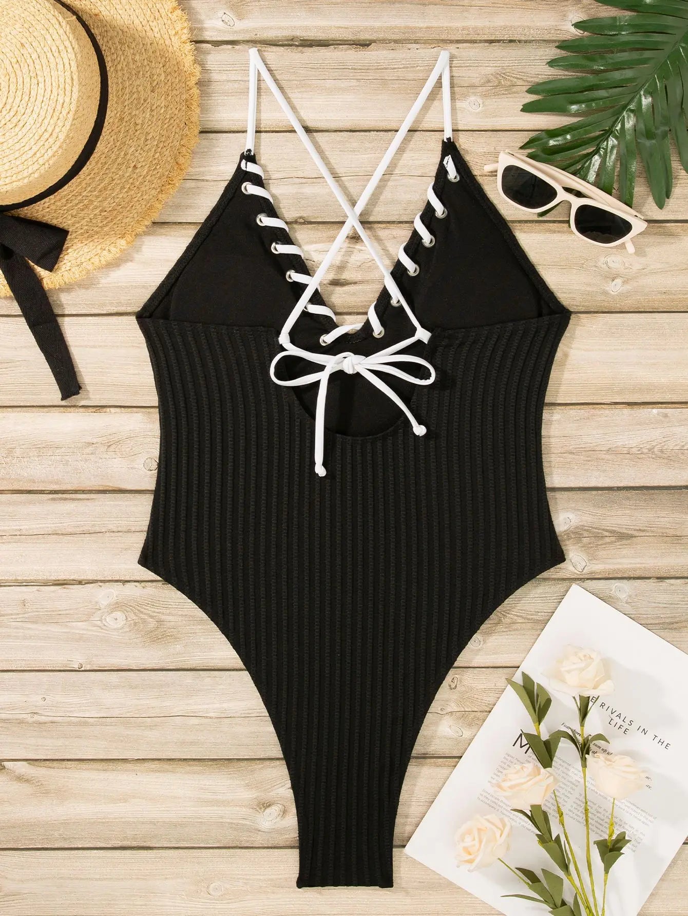 V Neck Wrinkled Ribbed Cross Backless One Piece Swimsuit Women Swimwear Female High Leg Cut Monokini Bather Bathing Suit Swim