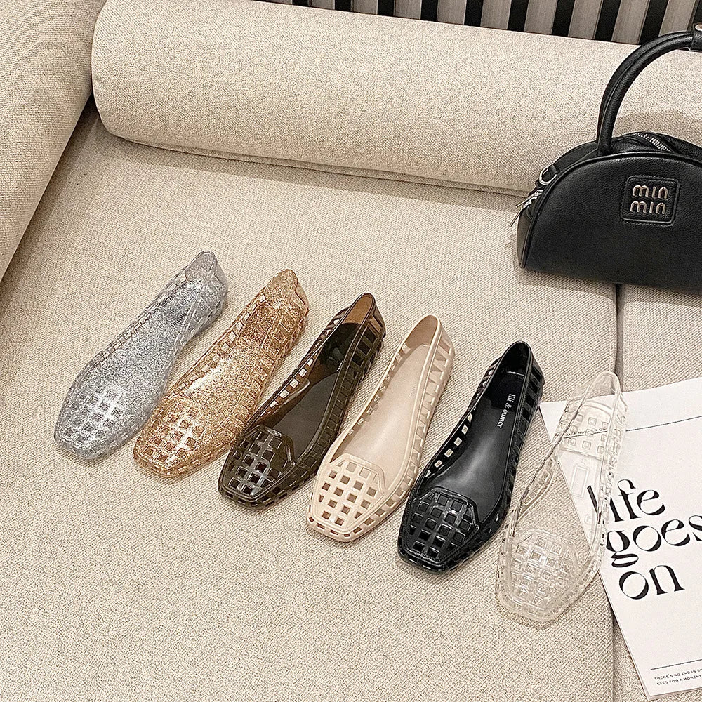 New 2025 Women Fashion Jelly Shoes Summer Cut-out Flat Sandals, Soft PVC Casual Square Toe Girls Daily Walking Sandalias