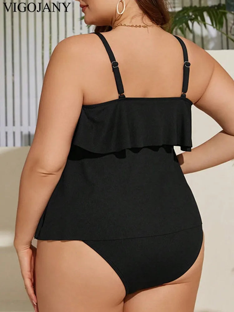VigoJany 2026 Sexy Ruffle 2 Piece Plus Size Tankini Set Women Solid Strapped Curvy Swimsuit Brazilian Lady Big Bathing Suit