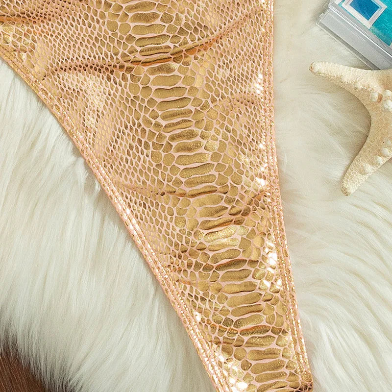Golden Shiny Snake Print Swimsuit for Women,2026 Summer New One Piece Bikini,U-neck Suspender Cross Straps Beachwear Monokini