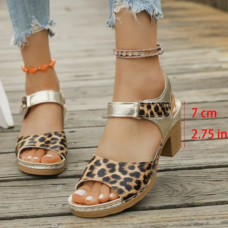 Lightweight Leopard Print Thick Heel Sandals Women Summer High Heels Platform Sandles Woman Ankle Strap Non Slip Beach Sandalias