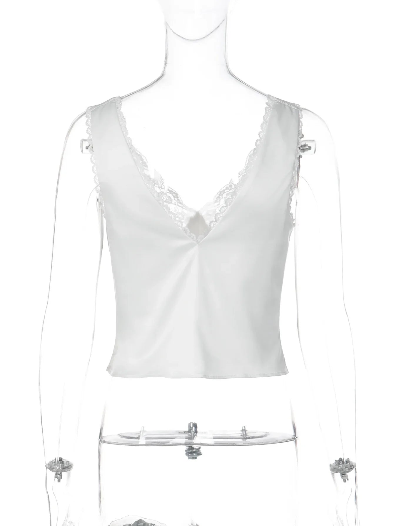 FDYOUI Women Lace Patchwork Backless Camisoles Tank Top 2026 Spring Summer Sexy V-neck Slim Crop Tops White Black Y2K Streetwear