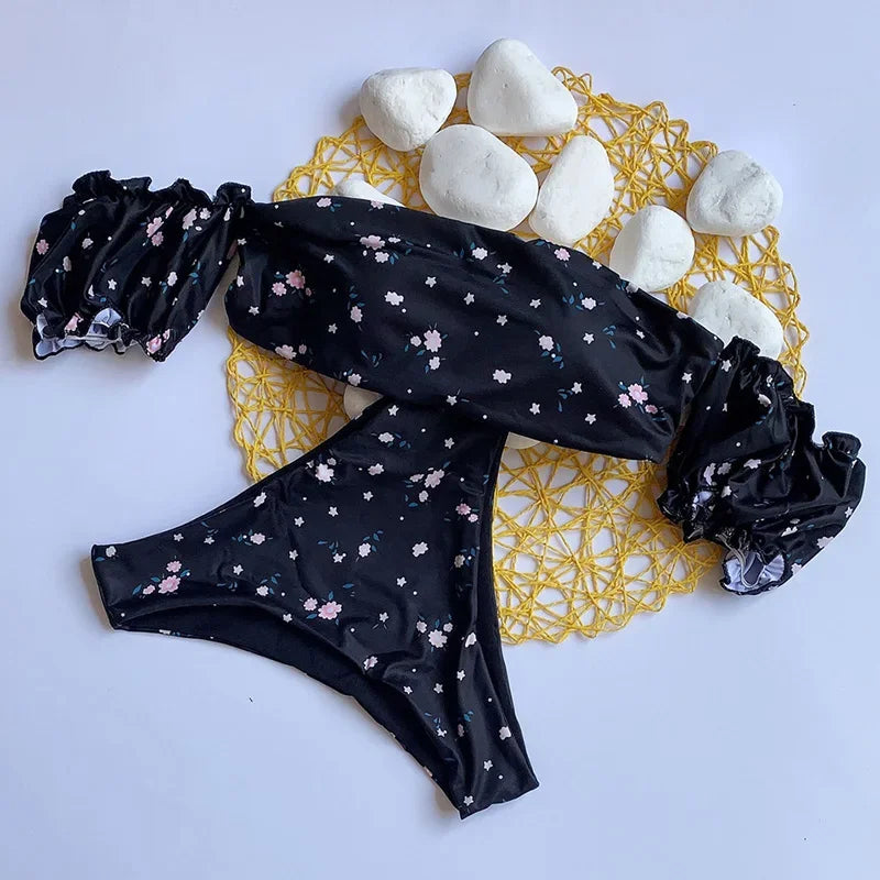Floral Print Off Shoulder Bikini 2025 High Cut Swimsuit Women Female Brazilian Swimwear Two pieces Bikini set Bathing Suit Swim