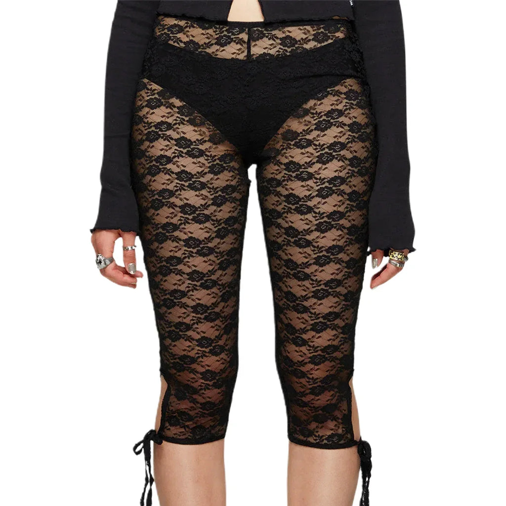 Women Lace Capri Leggings Flower See Through Low Rise Knee Length Tight Shorts with 3D Bows