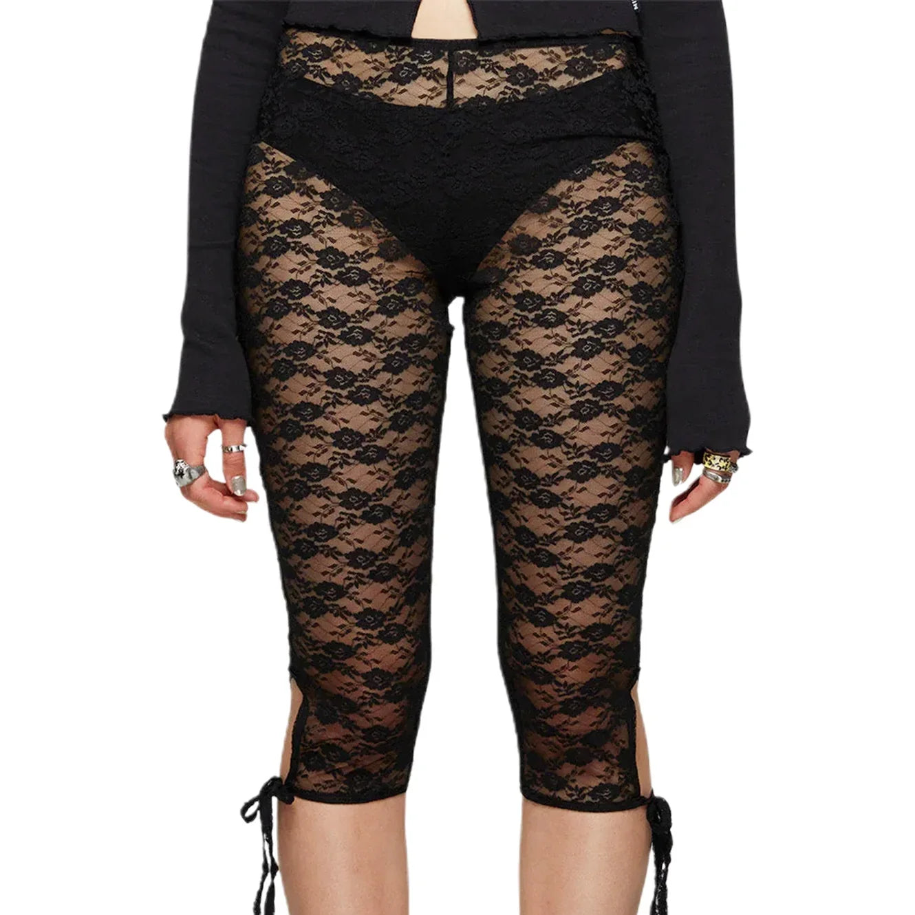 Women Lace Capri Leggings Flower See Through Low Rise Knee Length Tight Shorts with 3D Bows