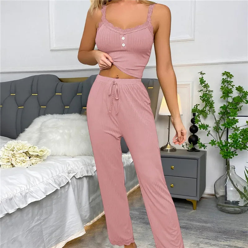 Autumn Winter Two Pieces Pajamas Set for Women Sleepwear Lace Suspenders Tops and Long Trousers Pijamas Loungewear