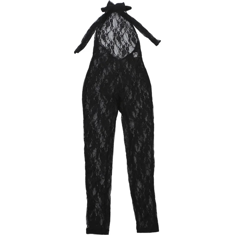 Women Halter Neck Lace Mesh Jumpsuit Sheer See Through Sleeveless Backless Bodycon Romper Y2K Clubwear Party Nightclub Outfit
