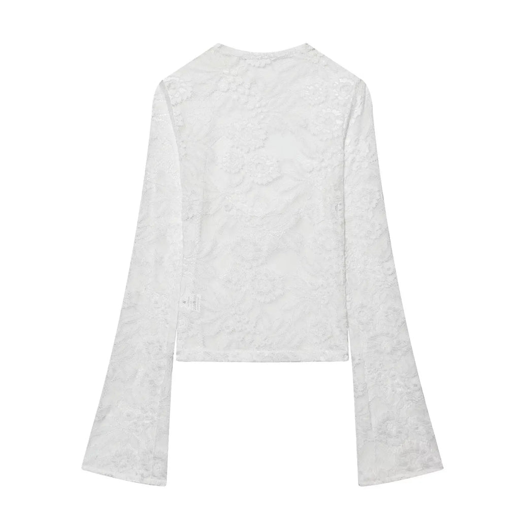 Women's Fashion Casual Lace Patchwork Hollow Bell Sleeve Blouse Women Pack Lace Sleeve Tops Black White Sheer Mesh Casual DOS5