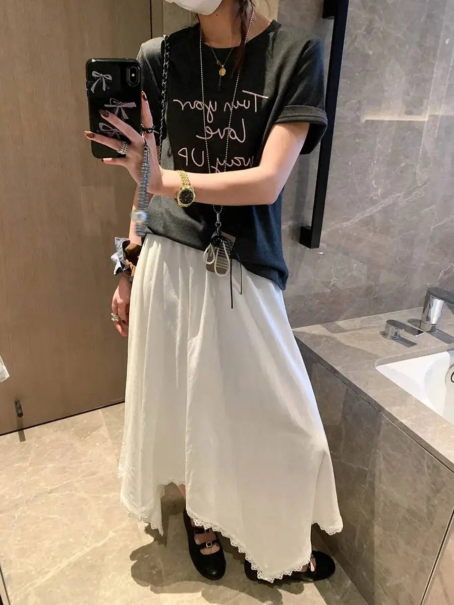 Spliced Lace Elastic High-waisted Slimming Skirt White Lace Trim Skirt Elastic Waist Casual Summer Style Skirt For Women 6S7Q