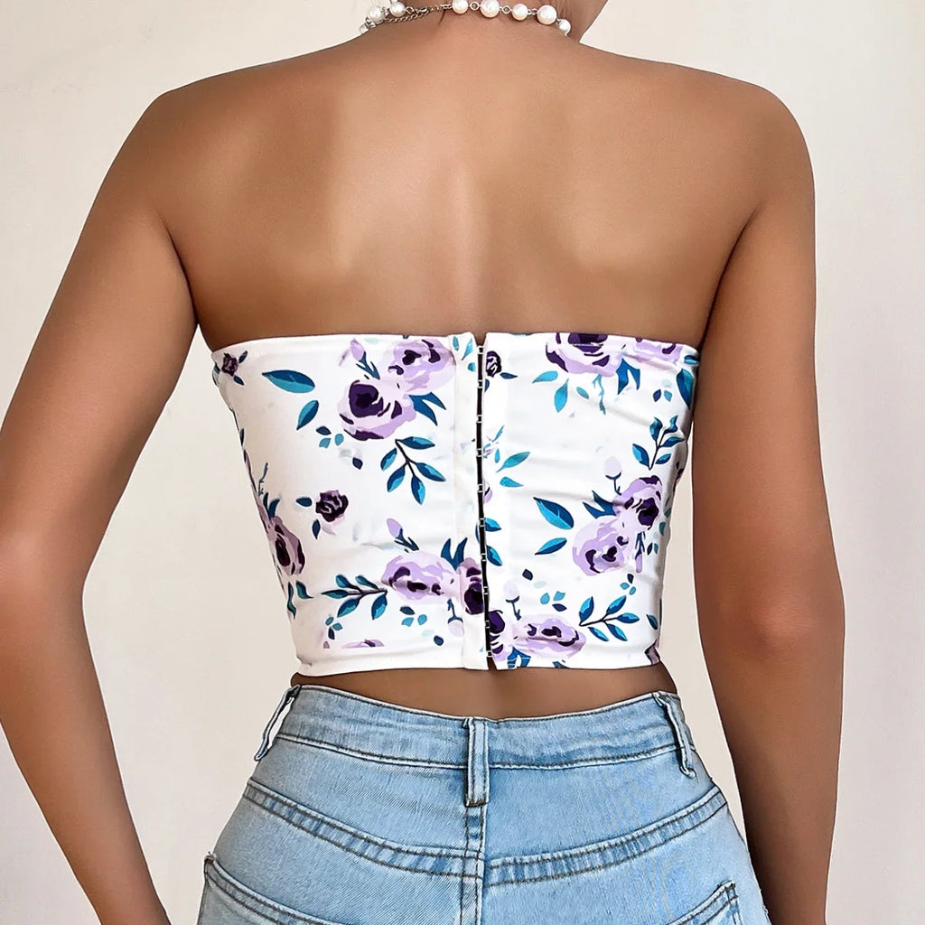 Summer Women Floral Y2K Crop Tops Printed Sleeveless Fishbone Corset Woman Sexy Backless Slim Strapless Streetwear Camisole