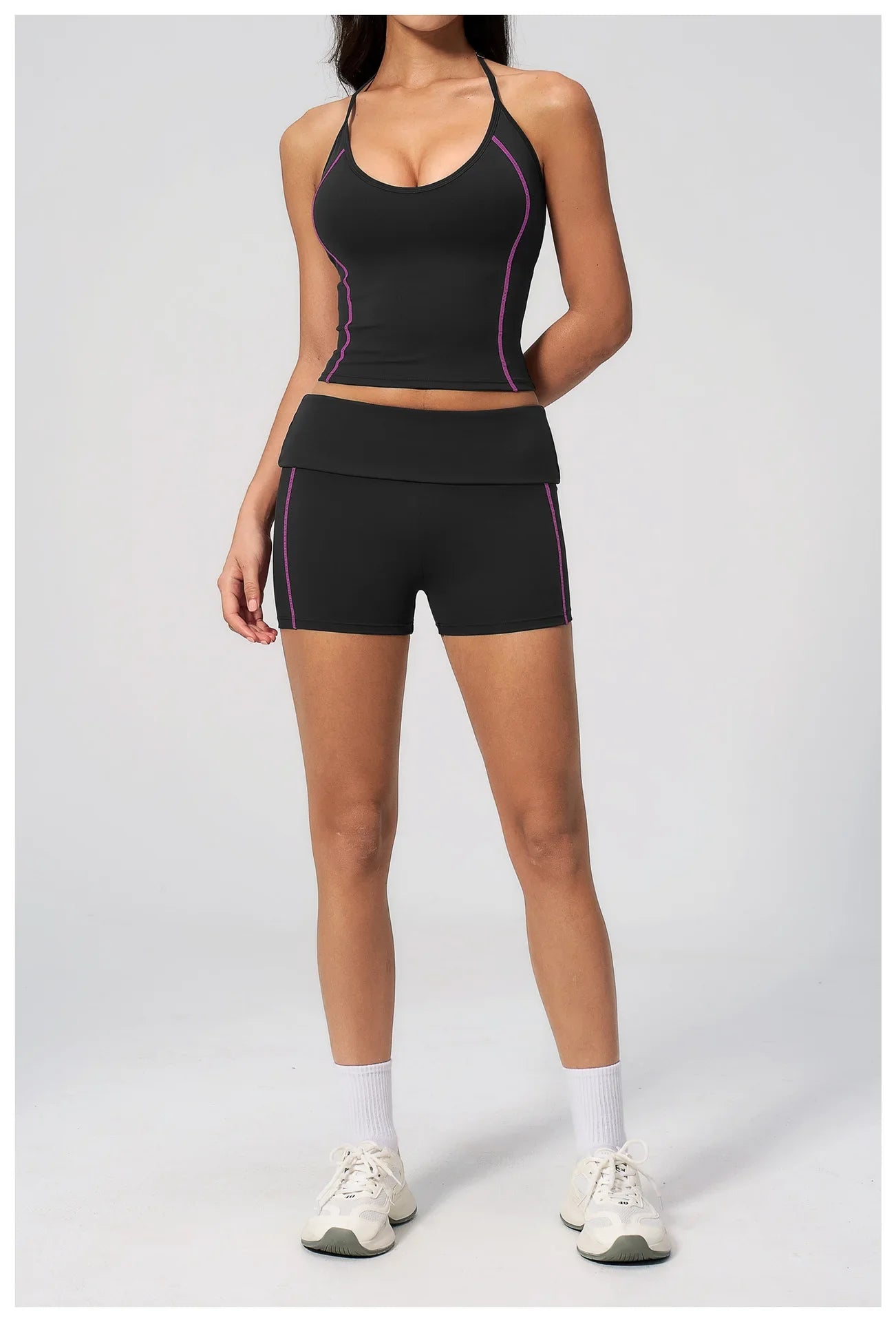 2PCS Women Yoga Sets Color Contrast Hanging Neck V Neck Slimming Sports Tank Top Flip High Waist Shorts Gym Running Fitness Suit