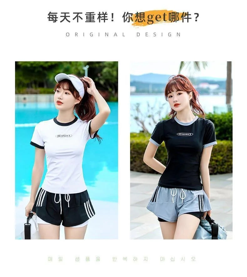 Split Swimsuit Women's Short Sleeved Conservative Cover Belly Slimming Professional Sports Sexy Hot Spring Two-piece Swimsuit