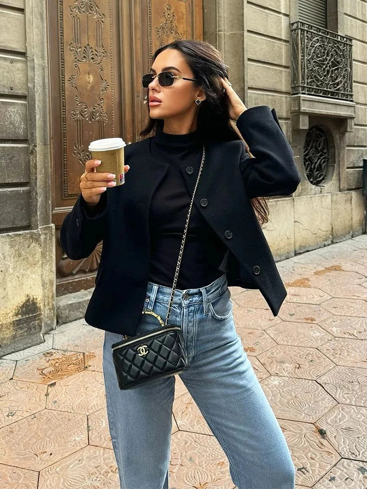 Foridol Solid O-neck Single Breasted Black Blazer Coat Women Autumn Winter Short Jacket Office Lady Vintage Buttons Veste