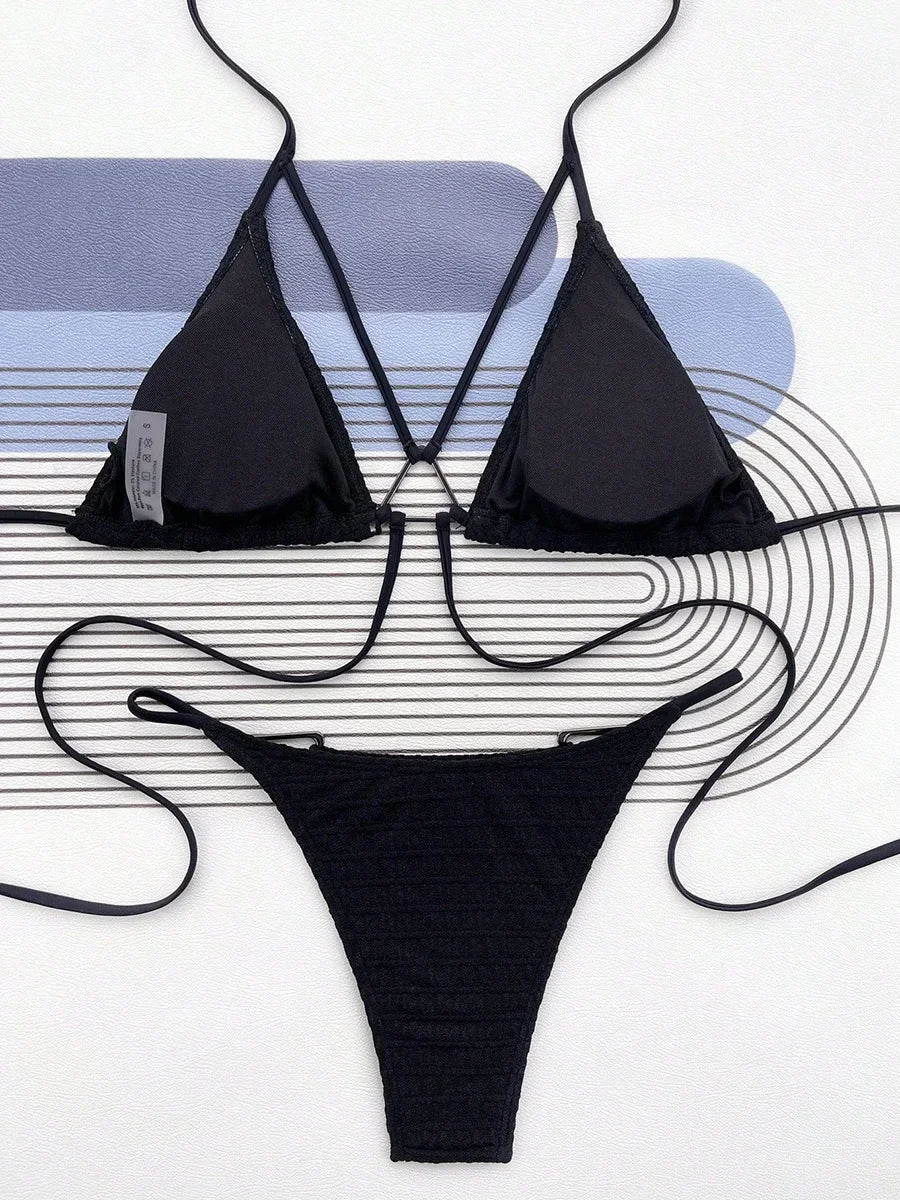 Sexy Wrinkled Halter High Cut Bikini Female Swimsuit Women Swimwear Two-pieces Bikini set Hollow Out Bather Bathing Suit Swim