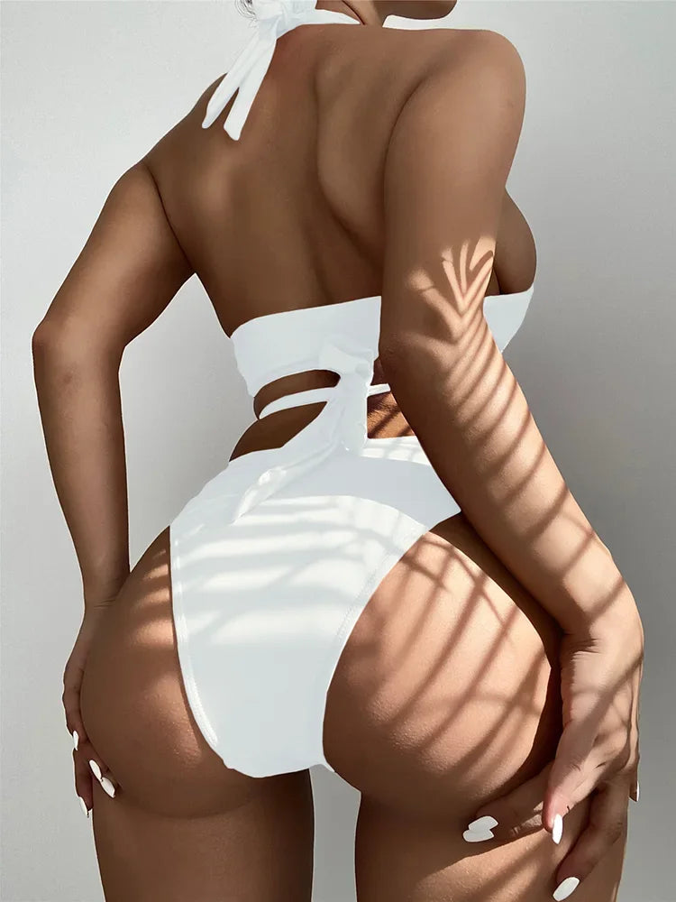 Halter Cross Bandage High Cut Bikini Female Swimsuit Women Swimwear Two-pieces Bikini Set Hollow Out Bather Bathing Suit Swim