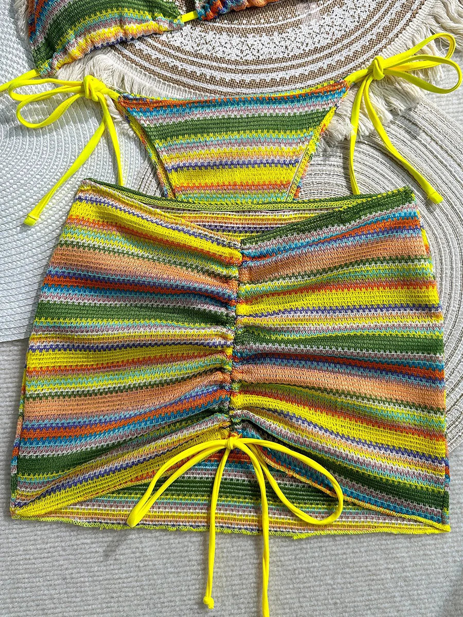 3PCS With Skirt Sarong Knitted Striped Bikini Women Swimsuit Female Swimwear Three Pieces Bikini Set Bathing Suit Swim Beachwear