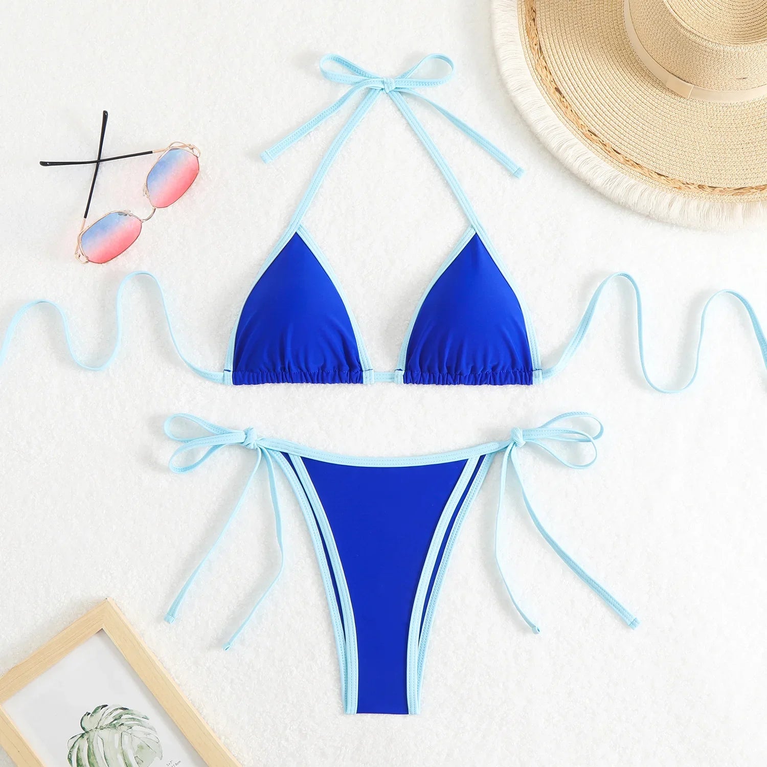 2026 Summer Women Patchwork Swimsuit Sexy Backless Neck Bikini Set Lace-up Bathing Suit Beachwear Femme Padded Swimwear Holiday