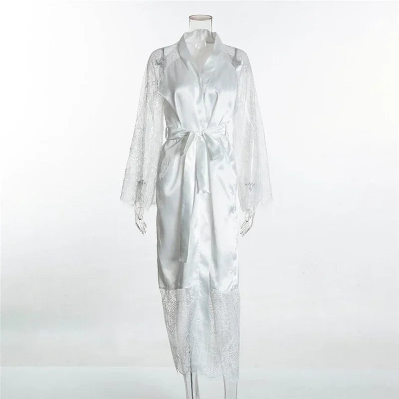 Sleepwear Women's Bathrobe Sexy Lingerie Lace Satin Kimono Sleep Long Dress Robes Pajamas Nightgown