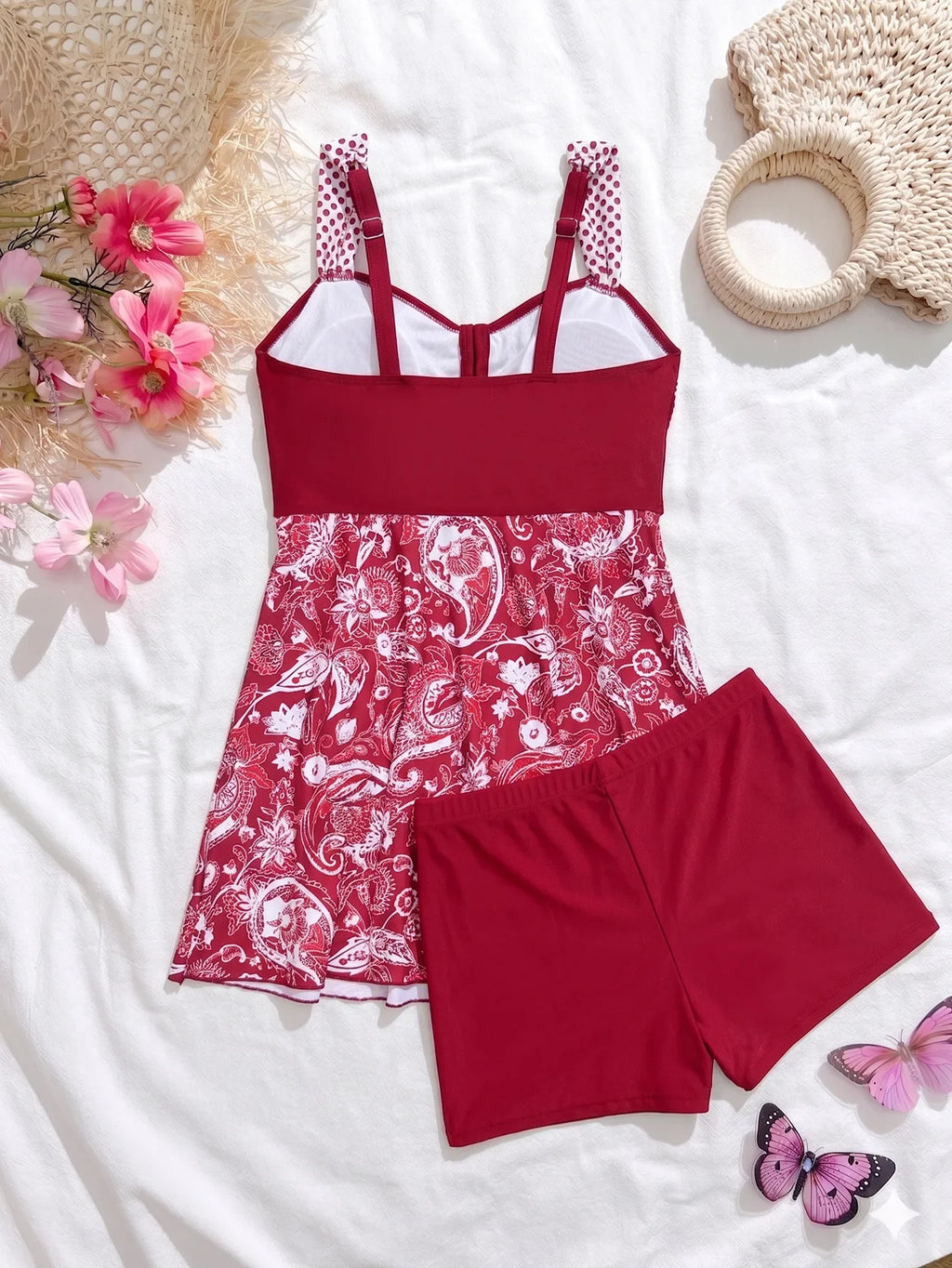 Vintage Black Flower Print Skirt Bikini Set 2026 Front Bow Crop Top Bathing Suit Swimwear Women's High Waist Swimsuit Tankini