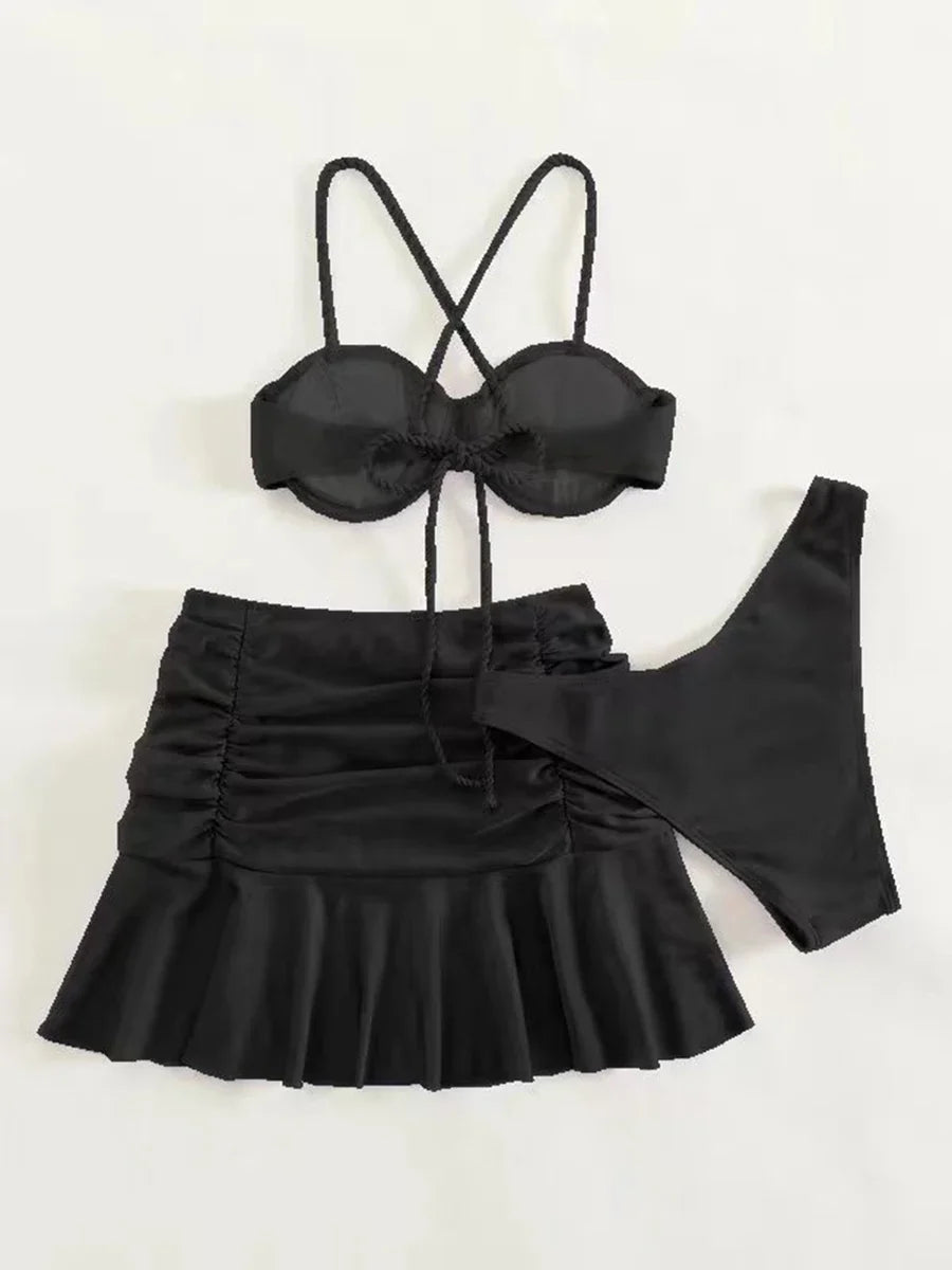 2026 Push Up 3 Pieces Bikini & Beach Slirt Swimsuit Women Strappy Swimwear Female Bathers Bathing Swimming Swim Suit Beachwear