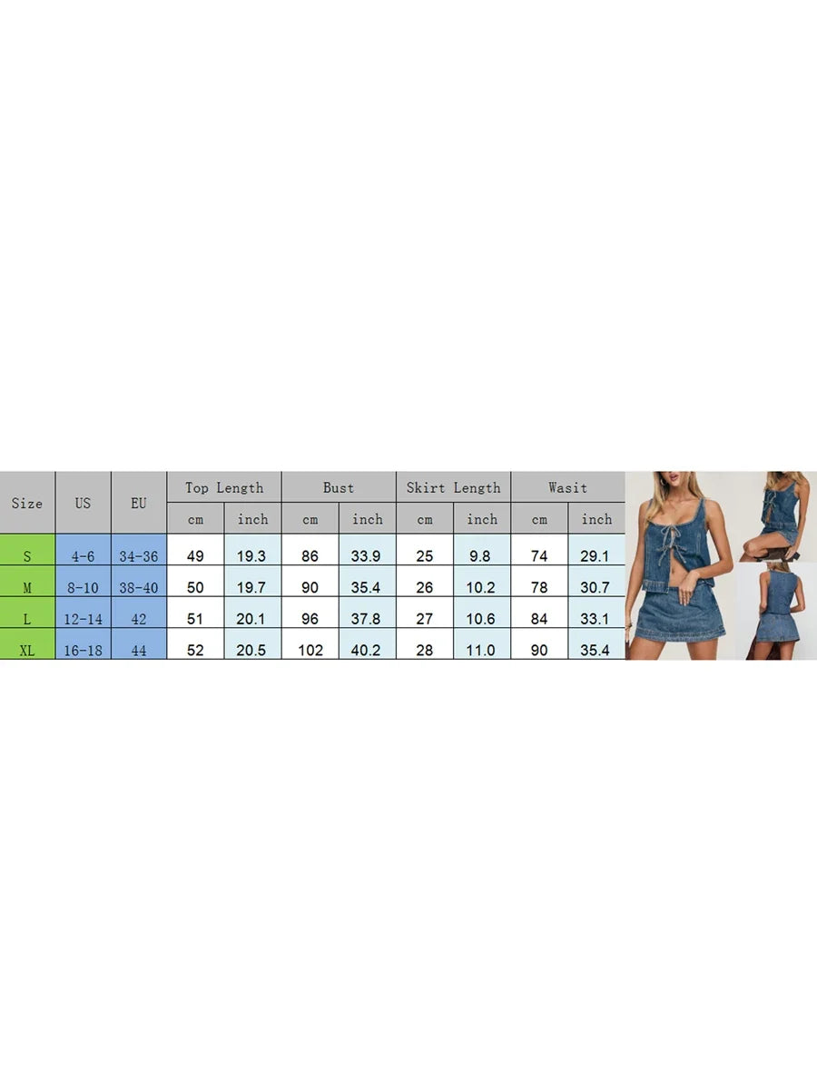 2026 New Women’s Denim Street 2 Piece Sets Sleeveless Tie-up Front Tops Vest and Mini Skirt Outfits Fashion Clubwear