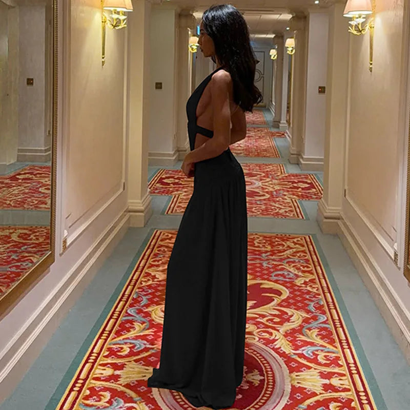 FDYOUI Sexy Halter Neck Backless Wedding Party Dress Women 2026 Summer Hollow Out Lace-up Long Maxi Evening Dresses Red Gowns
