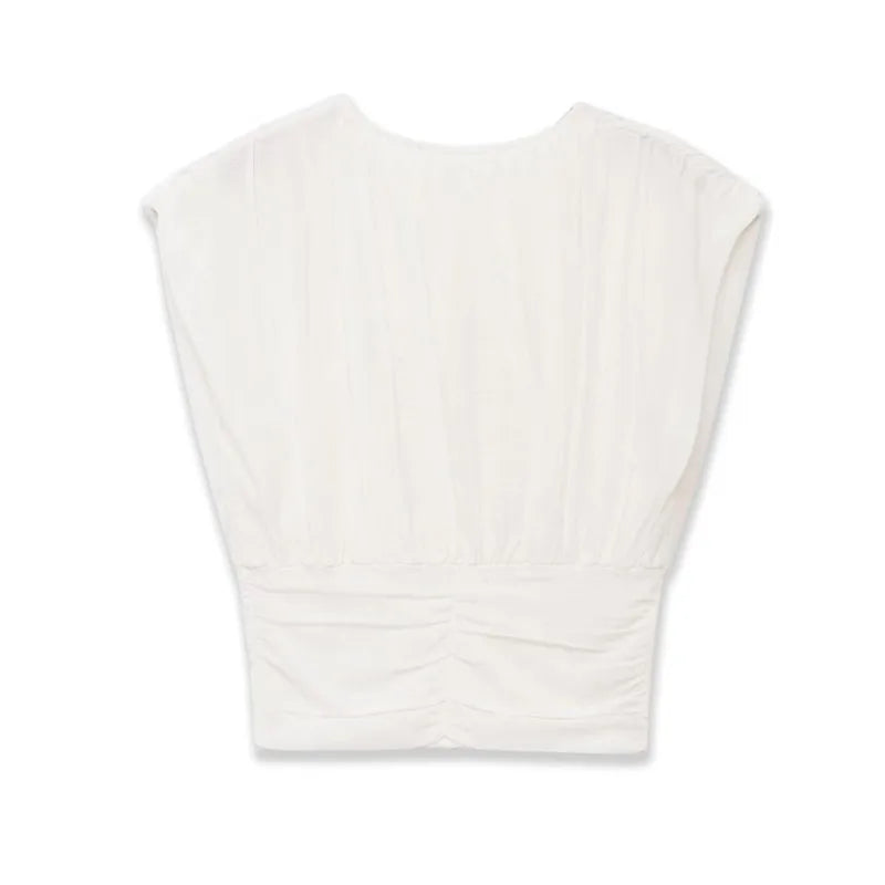Fashionable Casual Solid Color Pleated Knit Top White Pleated Short Sleeve Blouse Waist Elegant Summer Top For Women Wear R6ZV